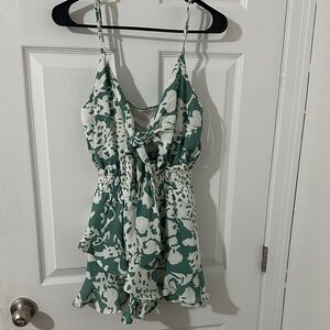 Luxxel Green and White Printed Ruffle Romper